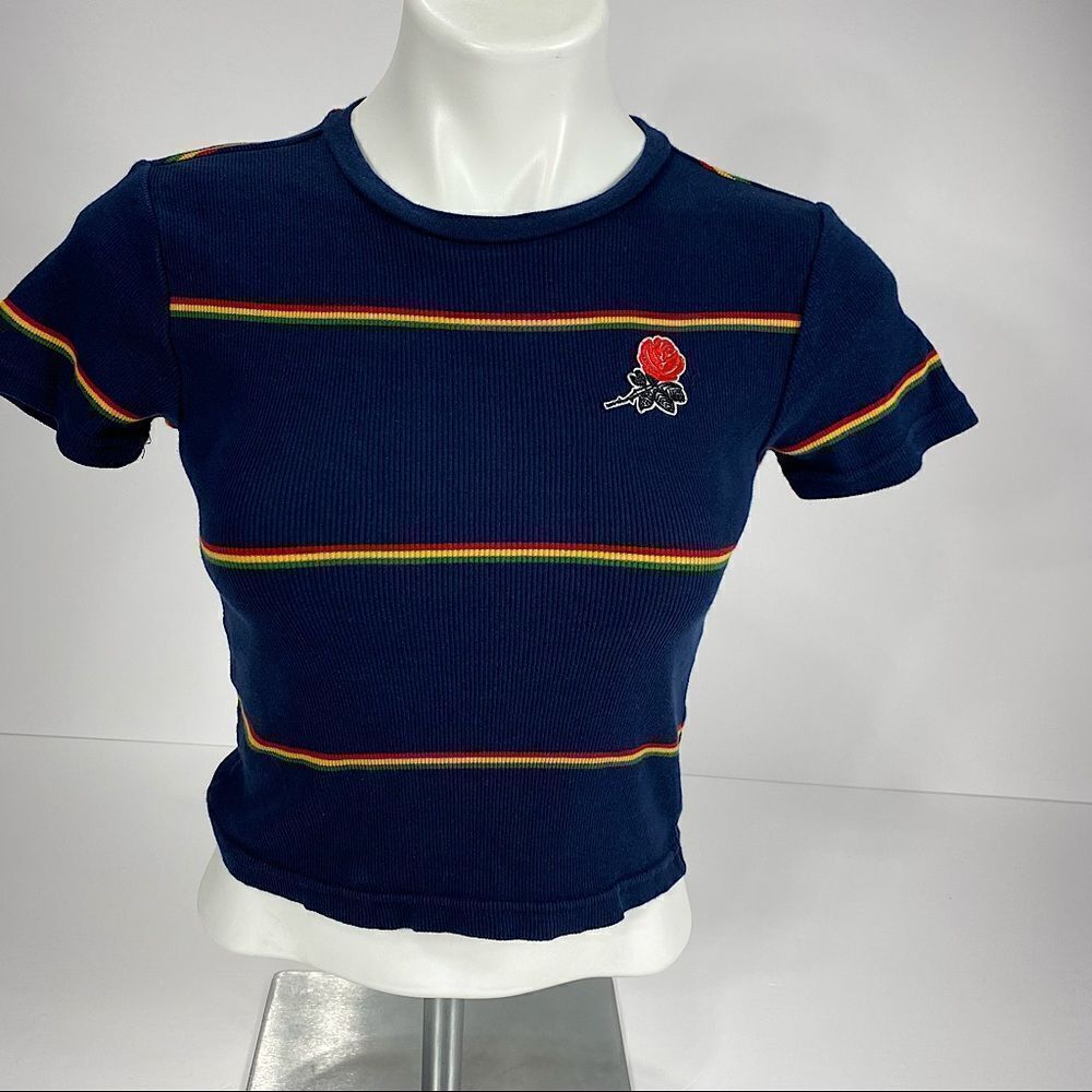 Mighty Fine Short Sleeve Crop Top Blue With Stripes M Juniors
